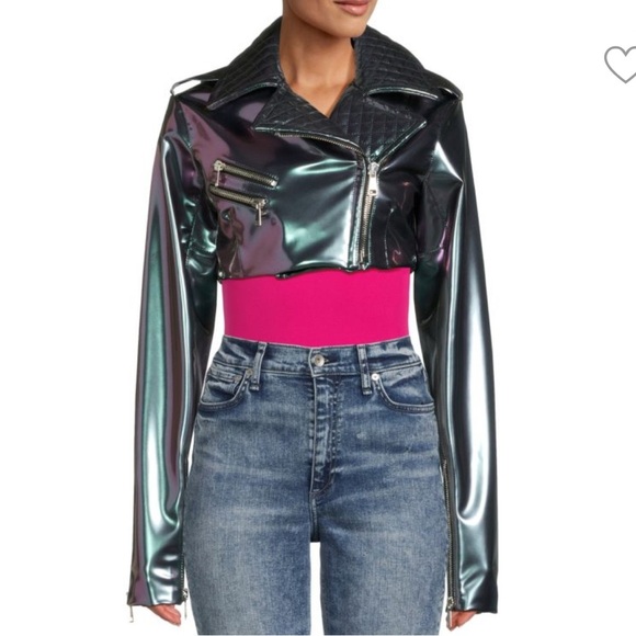 LaQuan Smith Metallic Cyberpunk Cropped Moto Jacket Sz XS Iridescent Holographic - Picture 2 of 16